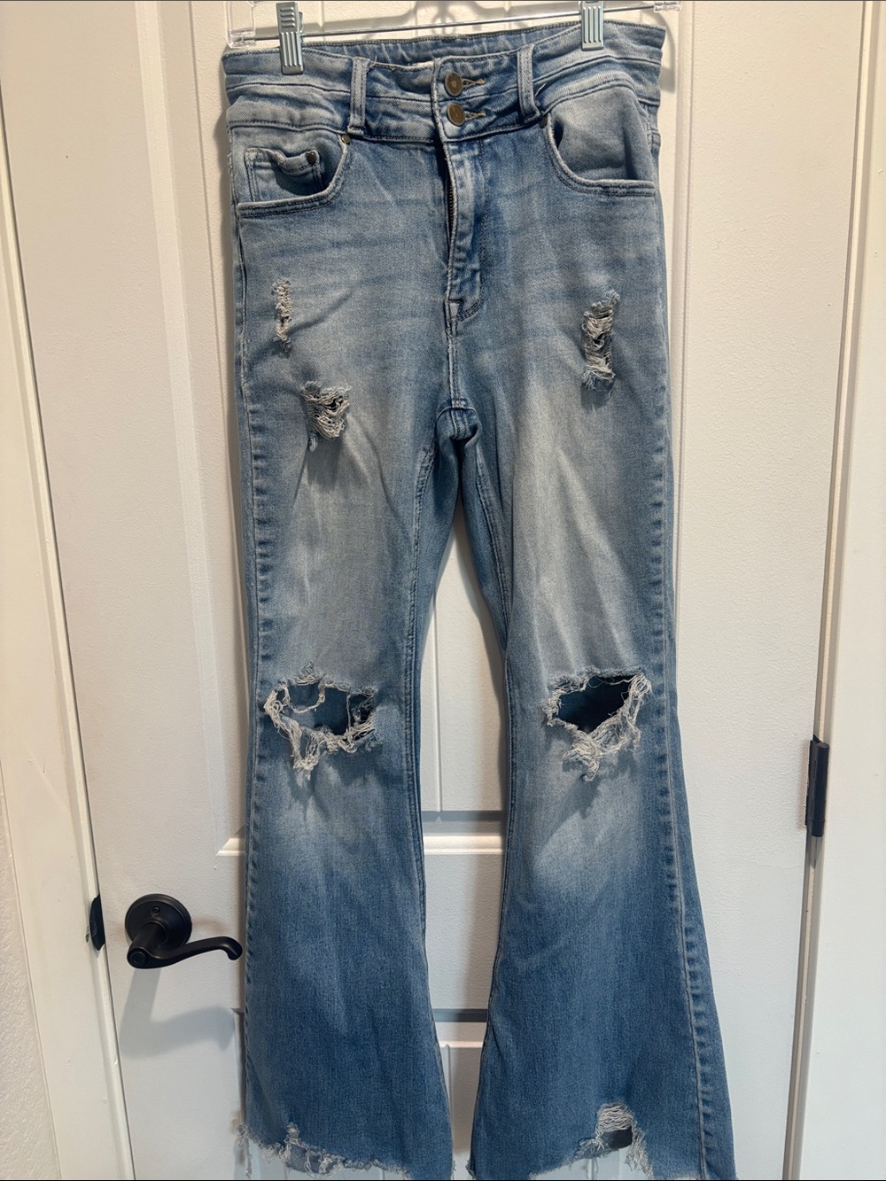 Light Blue Distressed Flare Jeans - High Rise